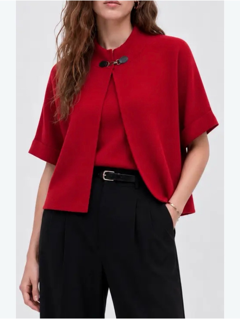 Adrienne Vittadini Red Short-Sleeve Knit Capelet Cardigan